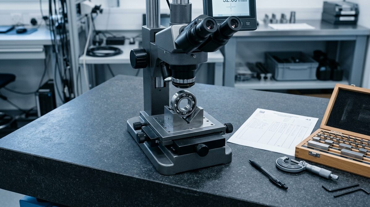 Precision bearing under a measuring microscope on a granite surface plate with an inspection sheet