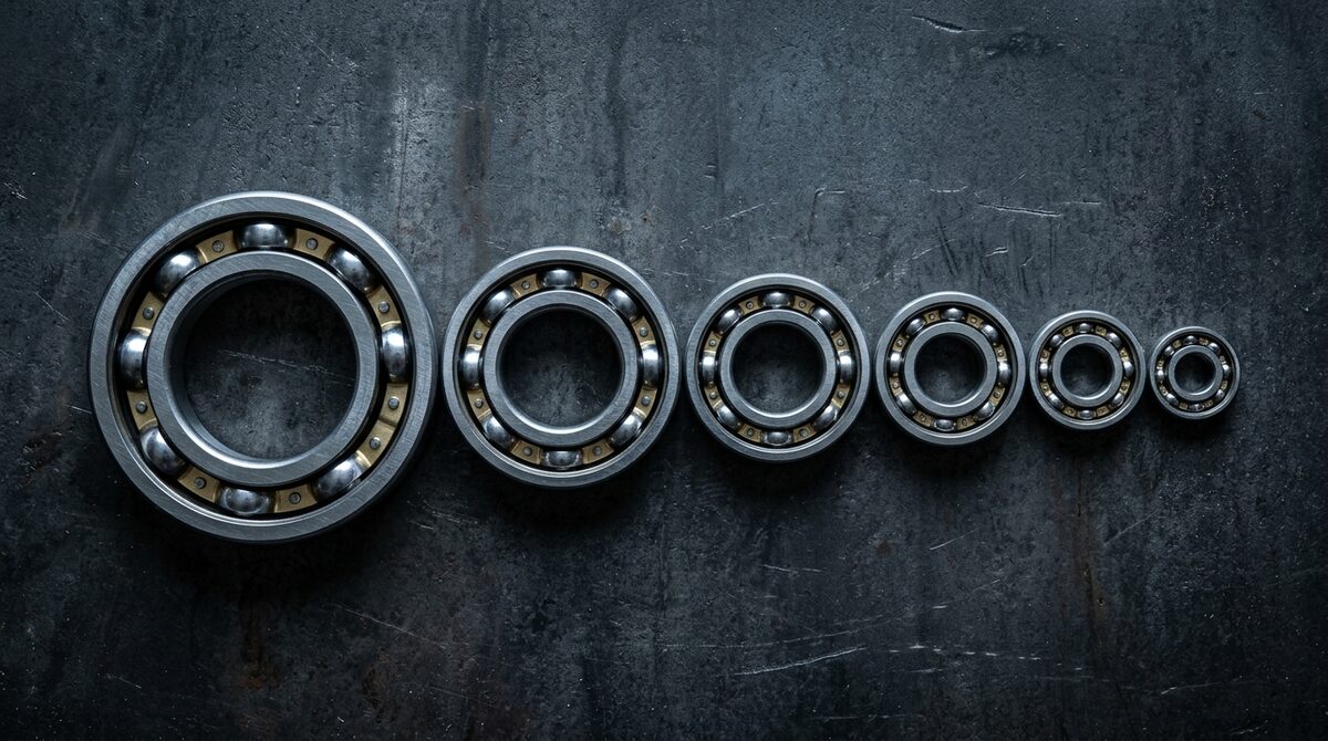 Precision bearings in graduated diameters arranged largest to smallest on dark textured steel