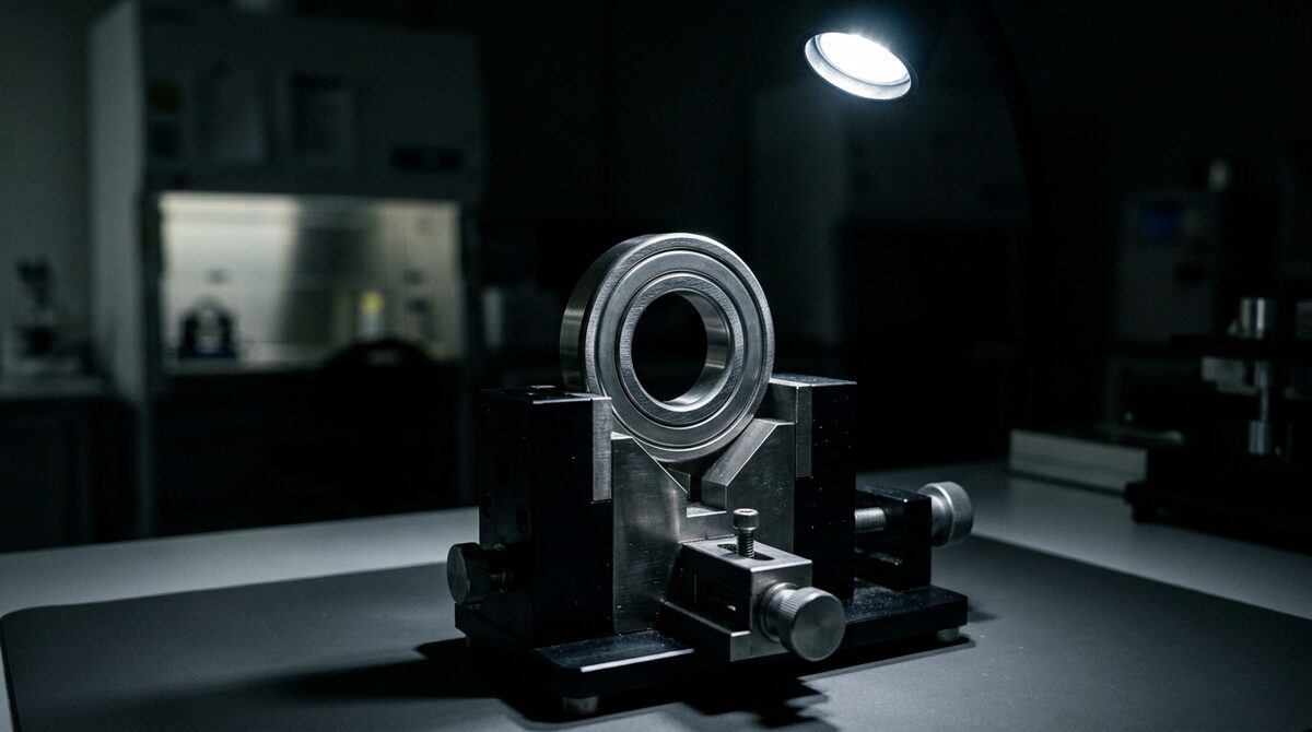 Sealed precision bearing held under inspection with measurement equipment