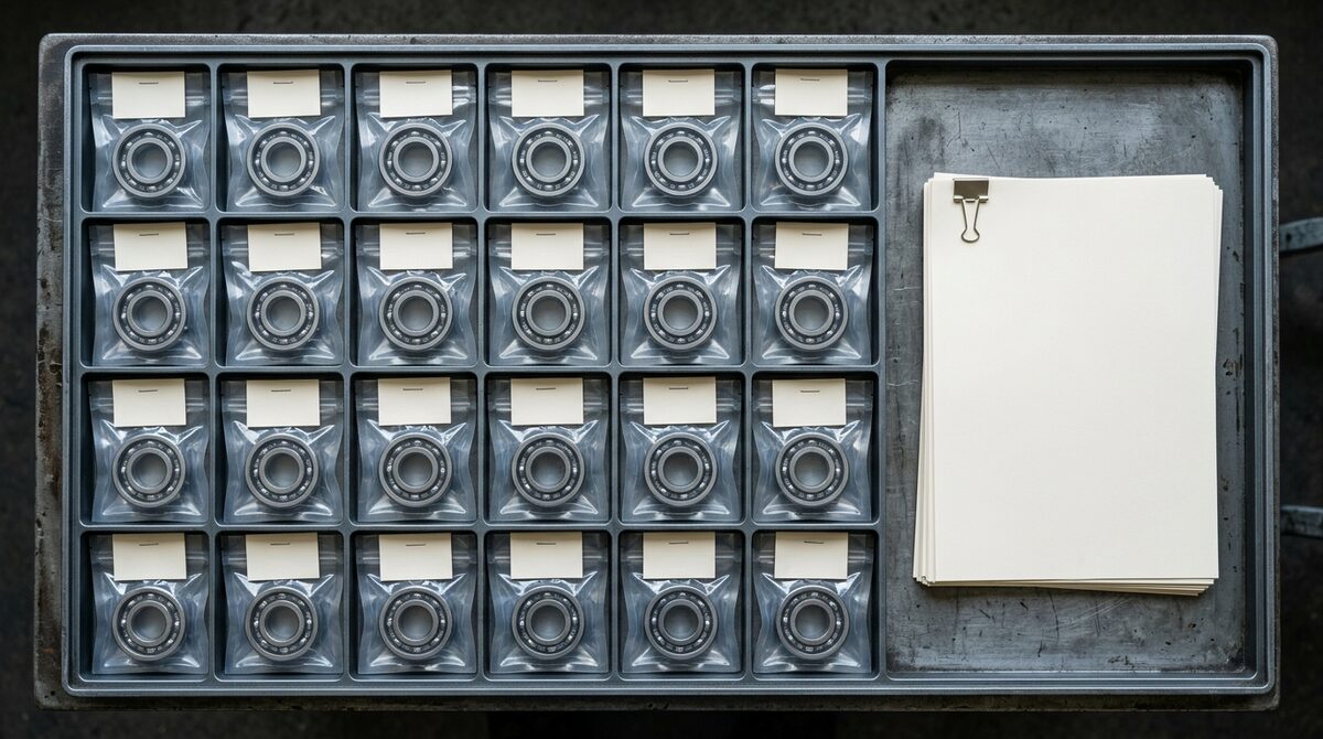 Sealed precision bearings in protective packaging with batch tags and certification paperwork