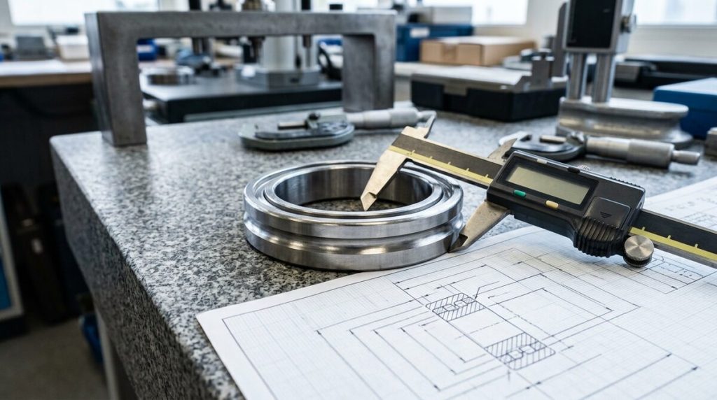 A precision steel bearing ring resting on a granite surface plate, digital calipers and a dimensioned engineering drawing...