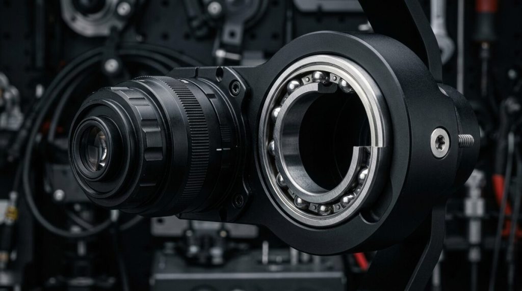 A slim cross-section bearing ring seated in an anodised aluminium gimbal housing, an optical lens barrel mounted alongside